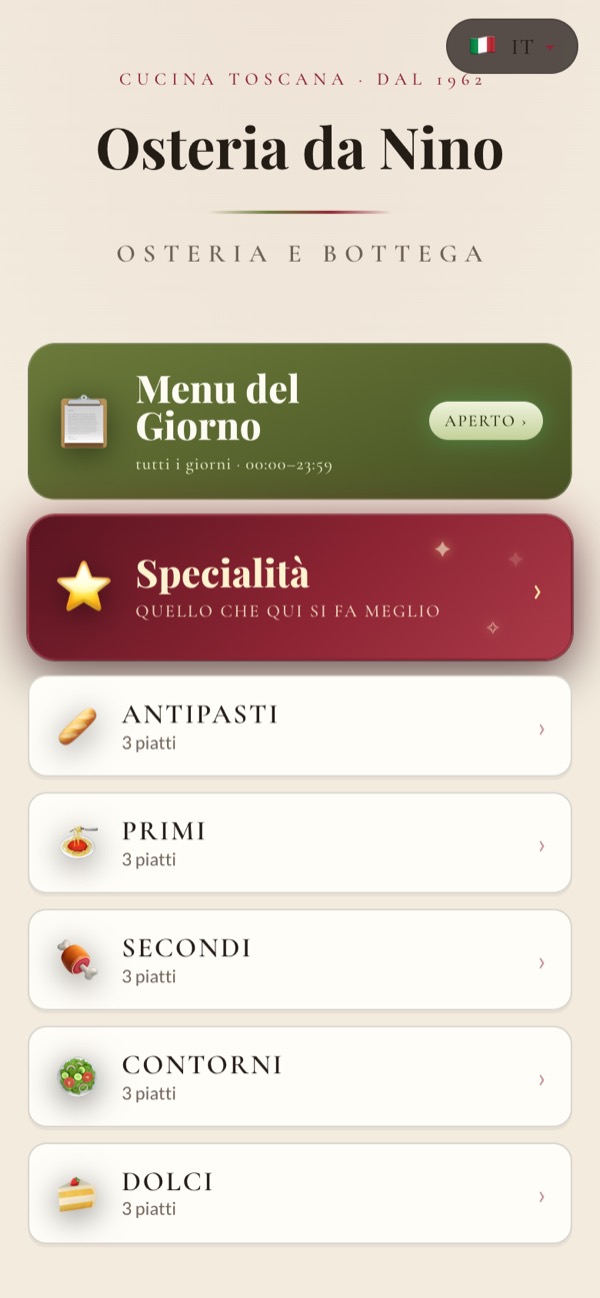 Il menu di prova in stile Osteria: Menu del Giorno, Specialità, Antipasti, Primi, Secondi, Contorni, Dolci